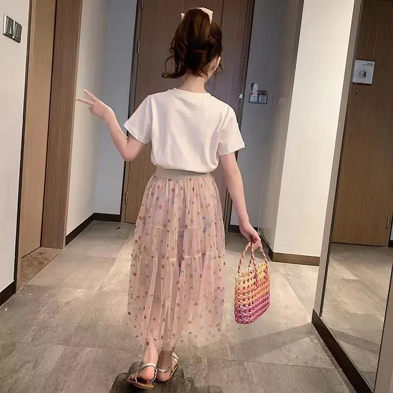 Fashion Girls Dress Summer Kids T-shirt + Dress 2PCS School Casual Children Short Sleeve Dresses For Girl Teen
