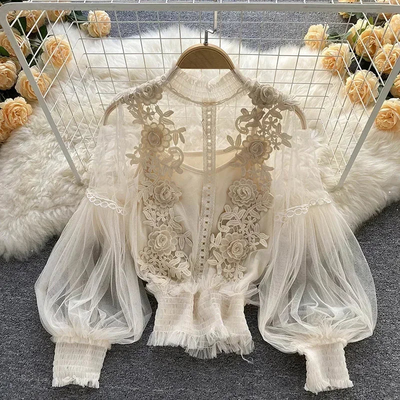 Women Tops Fashion Sexy Sheer Lace Blouse Lantern Sleeve 3D Floral Blouses Shirts Elegant  Tops For Women