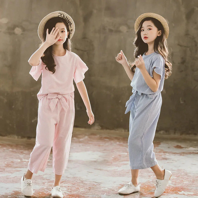 Summer Clothes Set Girls Children Striped Outfits Short-sleeved Tops + Wide Leg Pants Kids Clothes 5 6 7 8 9 10 11 12 year