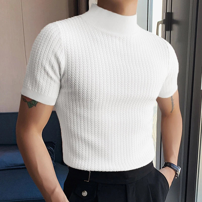 men T-shirt Casual Streetwear High-neck Solid Color Short-sleeved Bottoming Tees Luxury Clothing