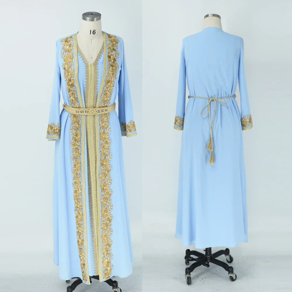 Formal Dresses Abaya With Belt For Women Turkey 2 Pieces Set Muslim Moroccan Caftan Kaftan Beaded Print Abaya For Wedding Party