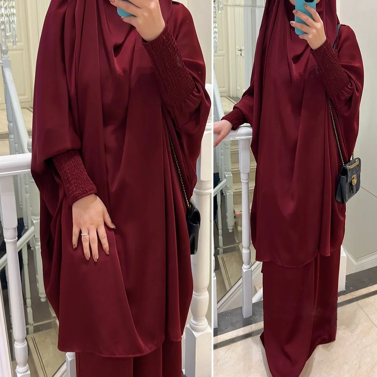 Ramadan Eid Jilbab 2 Piece Set Muslim Women Prayer Garment Abaya Dress Long Khimar Robe Niqab Islam Clothes Djellaba Burka
