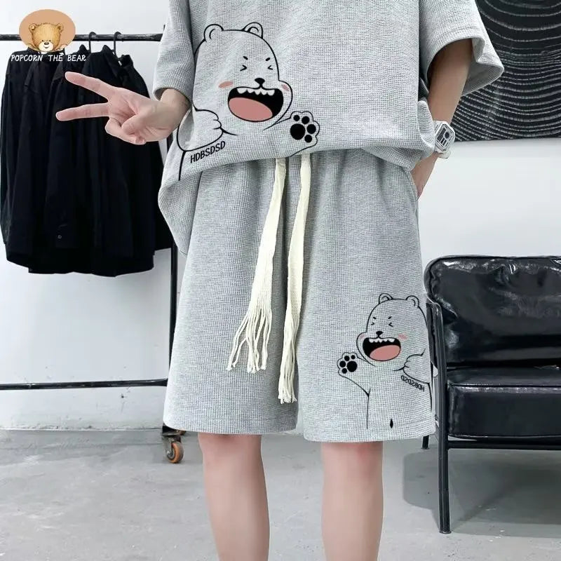 women's Men's Sports Suit Japan High Street Fashion T-shirt Shorts Two-piece Set Men Retro New Neck Top Designer Clothes unisex