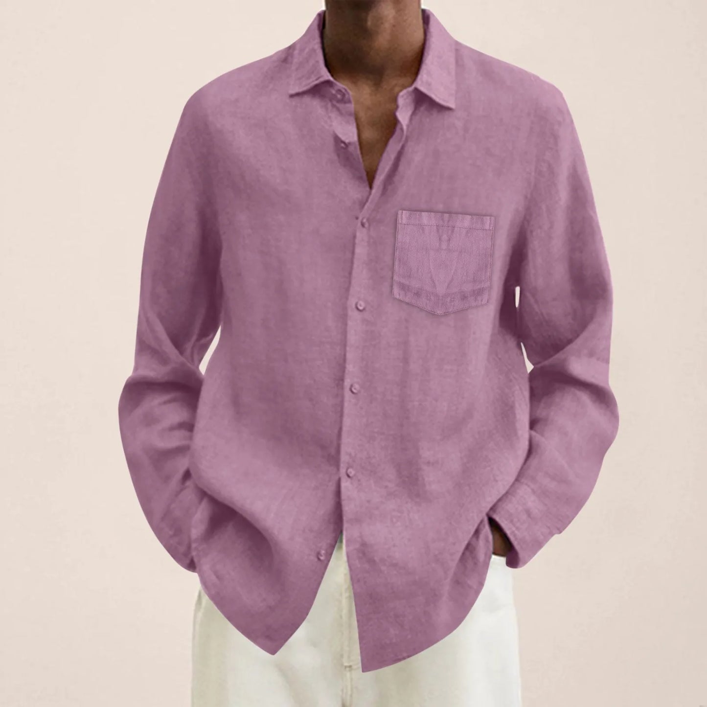 Men's Casual Cotton Linen Shirt Turn Down Collar Solid Long Sleeve Loose Top Spring and Autumn Handsome Fashion Shirts