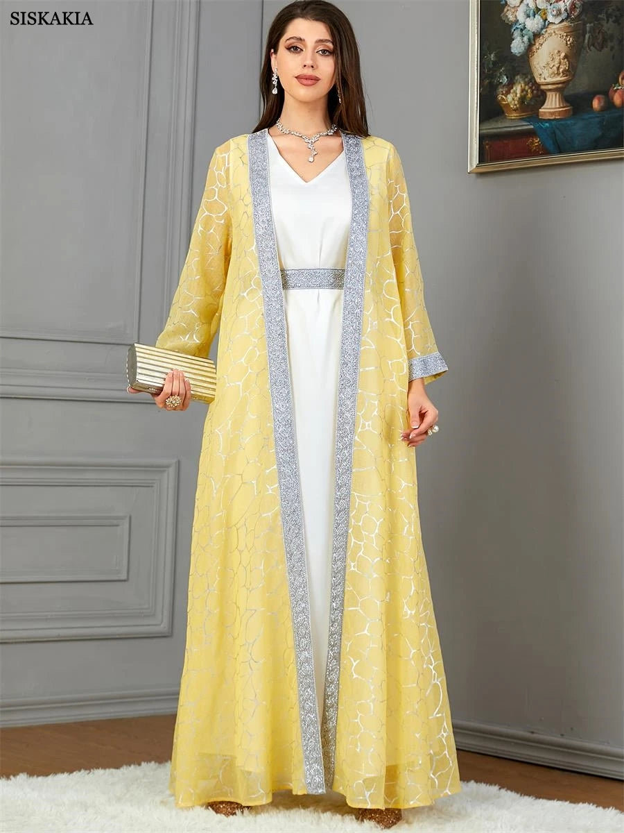 woman Floral Gold Stamping Open Kimono And White Sleeveless Under Dress With Sashes Jalabiyat Robe