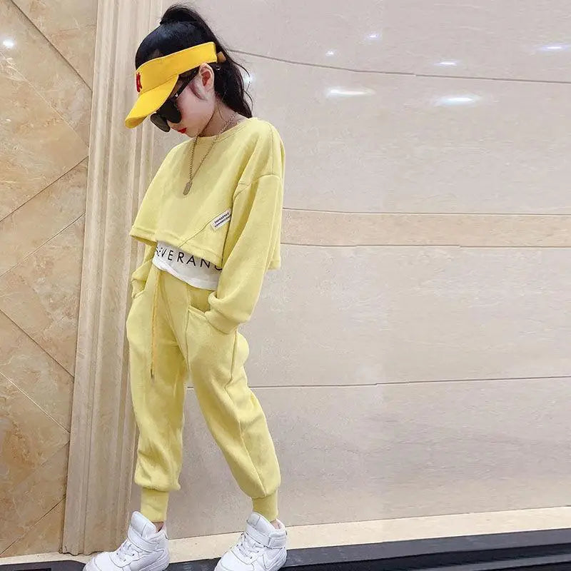 Spring and Autumn Korea Style Fashion Kids Clothes Girl 2Pc Set Long Sleeve Letter Sweatshirt Pant Outfits 4 6 8 10 12 14 Years