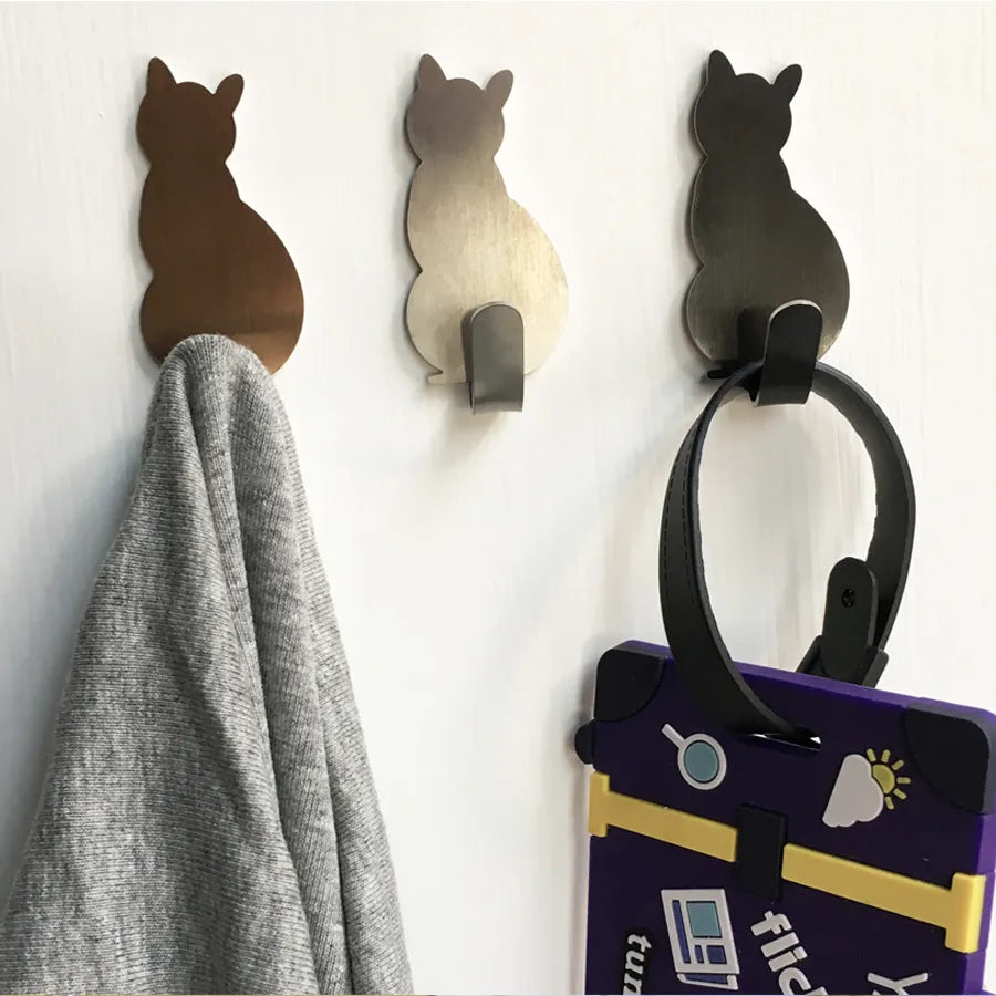 Cat Pattern2pcs  Self Adhesive Hooks Storage Holder for Bathroom Kitchen Hanger Stick on Wall Hanging Door Clothes Towel Racks
