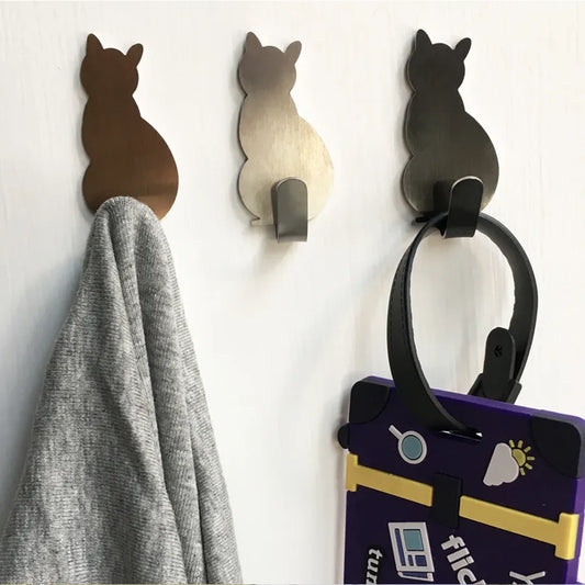 Cat Pattern2pcs  Self Adhesive Hooks Storage Holder for Bathroom Kitchen Hanger Stick on Wall Hanging Door Clothes Towel Racks