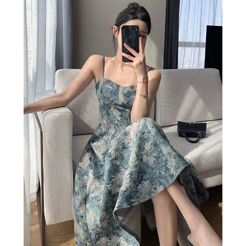 Elegant Floral Dress Women Sexy Sleeveless Strap Midi Dress Korean Casual Slimming Waist Party Camisole Dress Summer New