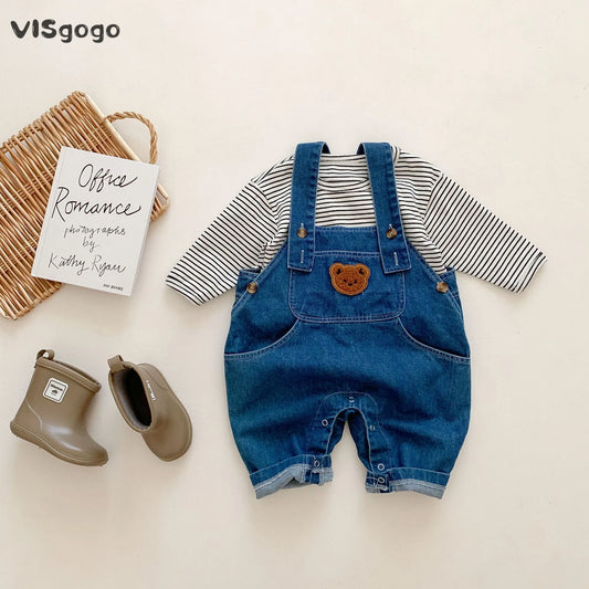 Baby Spring Autumn Clothes Bear Embroidery Denim Jumpsuit Black Striped Bottoming T shirt Baby Boys Girls Cute Set