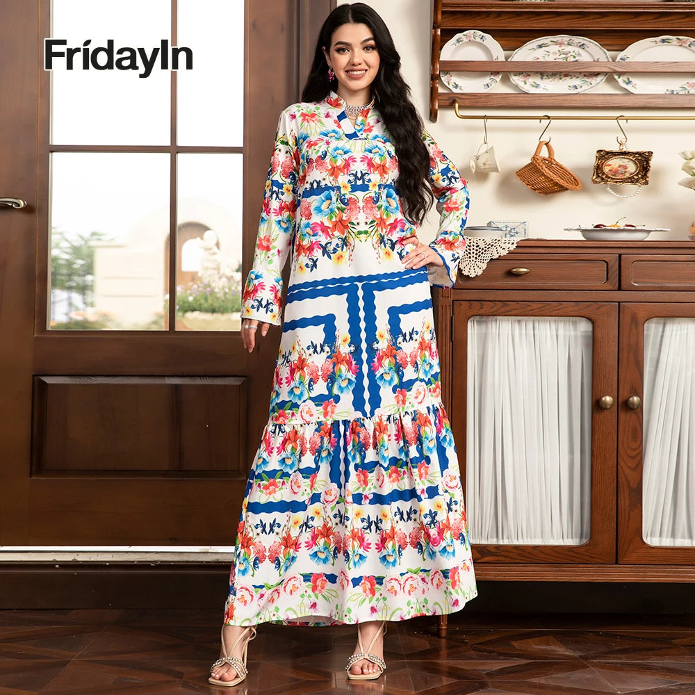 Flared abaya Sweet Long Dresses for Women V-neck, Color contrast Splicing  Sleeve Female A-line Skirt Kaftan