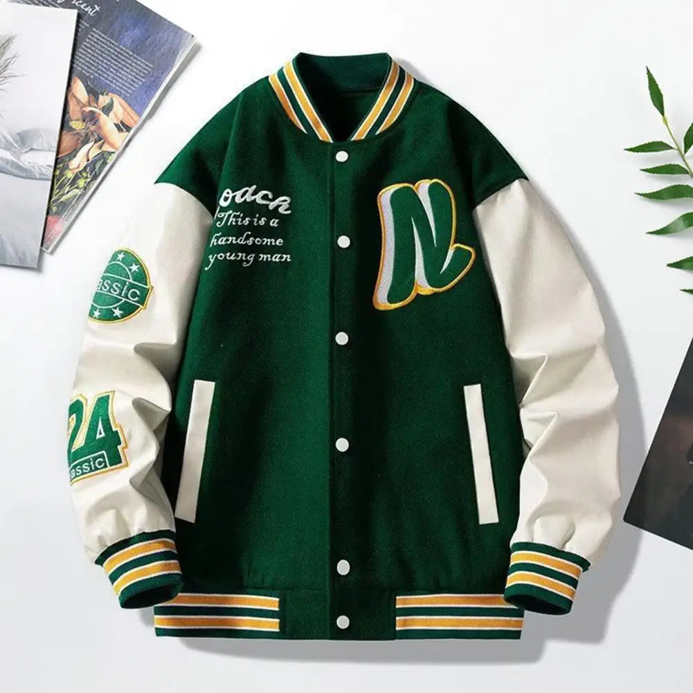 Men Jacket Men's Stand Collar Striped Letter Pattern Cardigan Coat with Pockets Long Sleeve Baseball Jacket for Winter