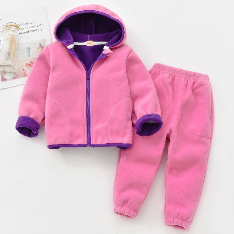 Winter Kids Girls Clothes Set Autumn Soft Polar Fleece Hoodies Jacket Coat + Pants Suits Boys Warm Children Teen