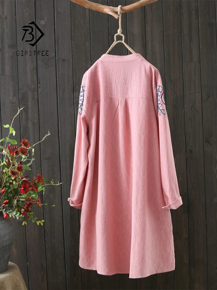 Women Vintage Floral Embroidery Cotton White Long  Shirt Stand Collar Button Up Blouse Casual Wear Basic Loose Tops