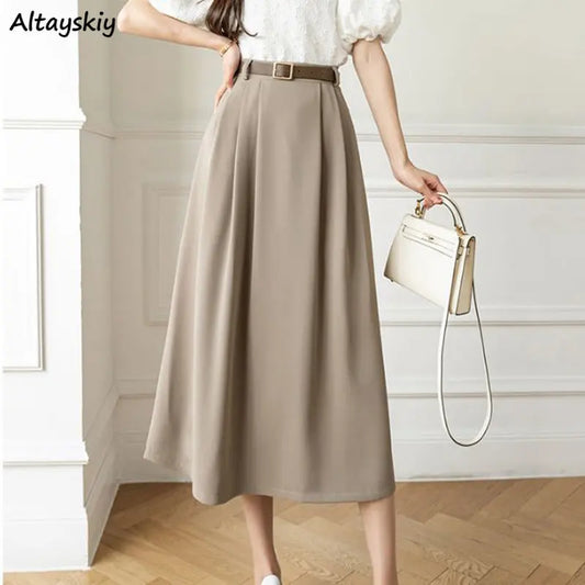Summer A-line Skirts Women Elegant High Waist Streetwear Midi Simple All-match Spring Popular Design Chic Faldas