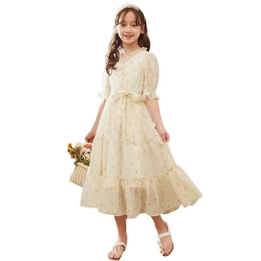 Girls Summer New Dress Youth Chiffon Waist Princess Skirt Children Pastoral Style Clothes