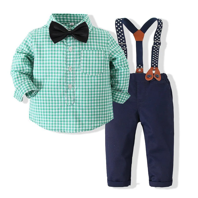 Spring Boys Outfit Set Korean Fashion Gentleman Plaid Cotton Tops+Pants+Strap+Tie Baby Clothing Newborn Clothes