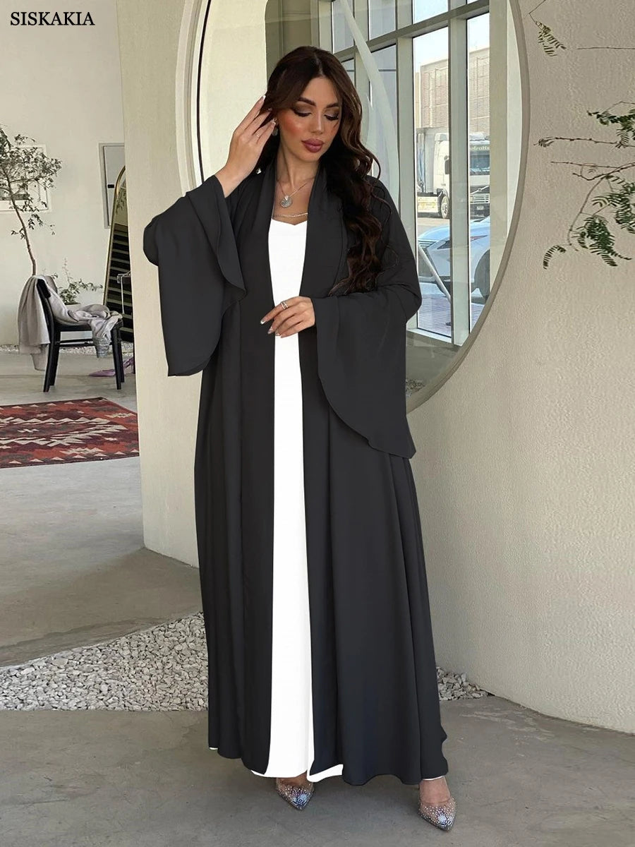 Open Kimono Abaya For Women Fashion Ruffle Sleeve Arab Clothing Jalabiyat Soft Gulf Robe