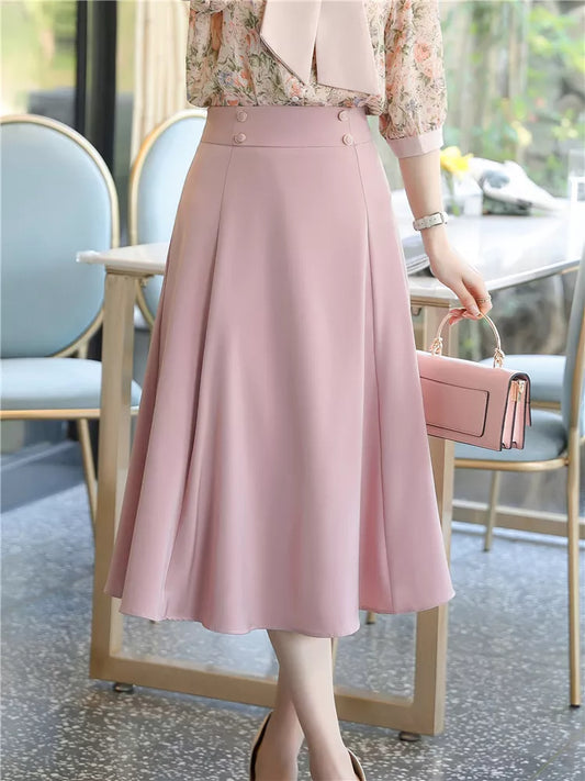 Skirt Women Spring Summer Skirts Korean Fashion Elegant High Waisted White Pink Black Midi Skirts