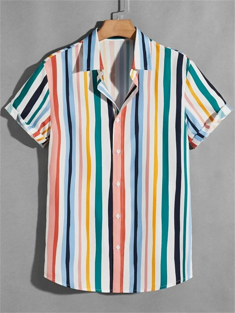 Summer Colorful Stripe Shirts Men's Hawaiian Casual Top Fashion Design Twisted Stripe Clothing Men's Street Outdoor Shirt