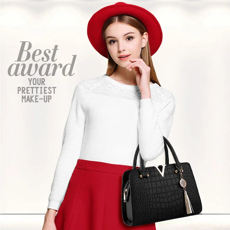 Fashion Women Handbags Tassel PU Leather Totes Bag Top-handle Embroidery Bag Shoulder Bag Lady Simple Style Crocodile pattern