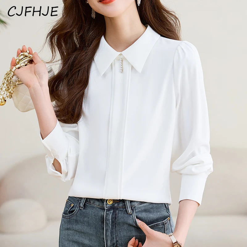Long Sleeve White Chiffon Shirts Women New Spring Fall Korean Satin Blouse Temperament  Tops