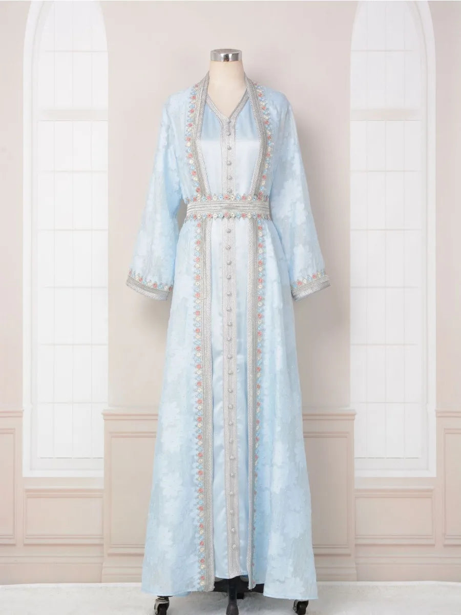 Eid Arab Muslim Party Dress Women Abaya with Inner Dress 2 Piece Set Jalabiya Kaftan Vestidos Ramadan Gown Robe