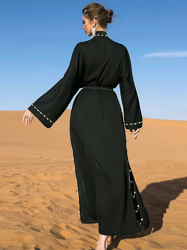 Ramadan Eid Djellaba Abaya Muslim Dress Kimono for women Cardigan Robes Pearl Beading Muslim Islam Abayas With Belt