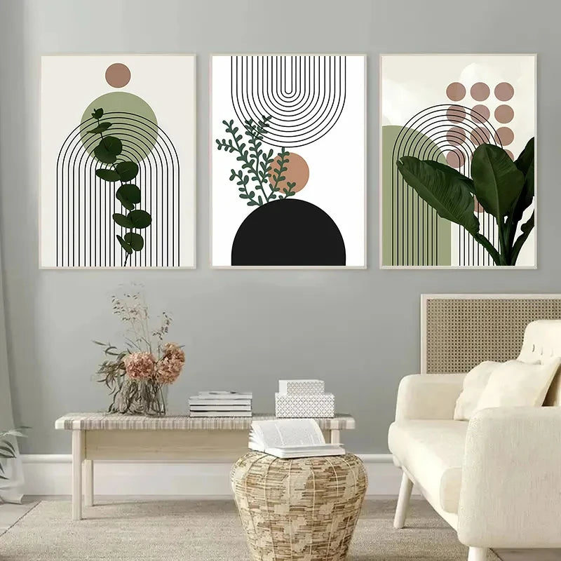 Modern Abstract 3pcs Boho Poster Geometric Plant Leaf Sun Line Canvas Painting Wall Art Print Picture Living Room Interior Decor