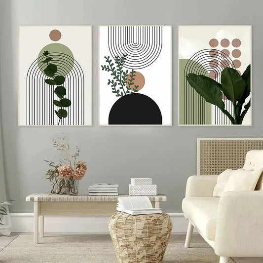 Modern Abstract 3pcs Boho Poster Geometric Plant Leaf Sun Line Canvas Painting Wall Art Print Picture Living Room Interior Decor