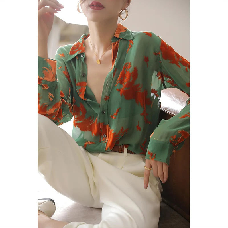 Fashion Lapel Button Printed Loose All-match Shirts Women's Clothing  Autumn Oversized Casual Tops Commuter Blouses