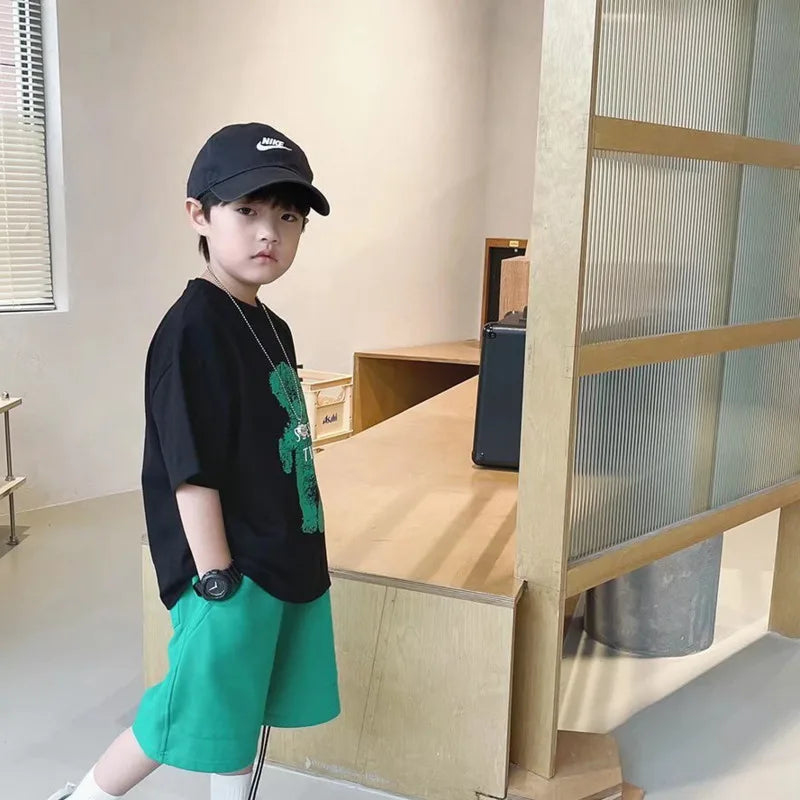 Middle School Children Summer Cotton Tide Boy Cute Baby Clothes Print Leisure Short Tshirt Top Infant