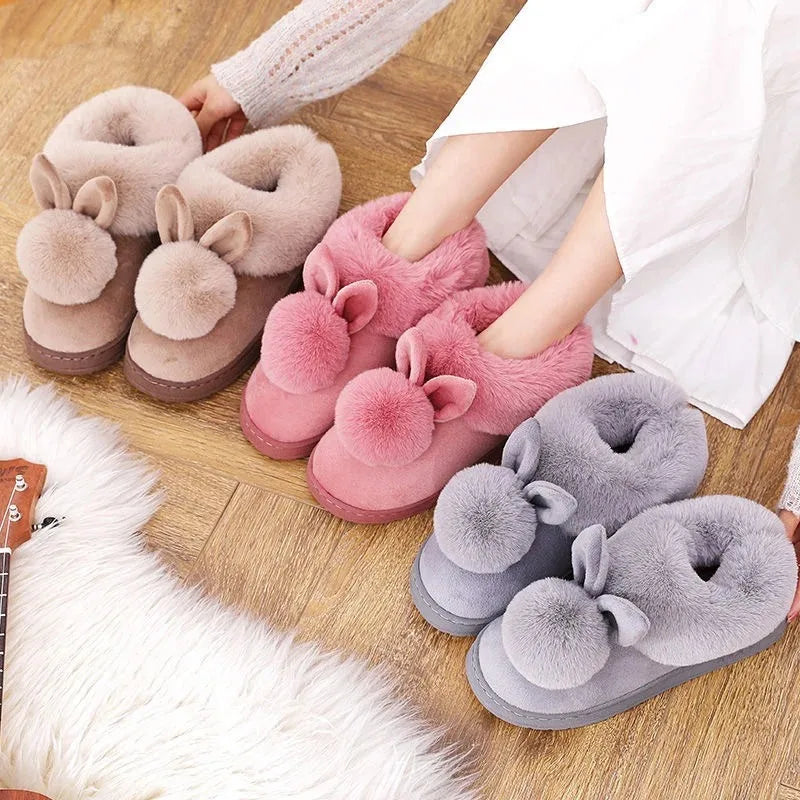 Cute Women Slippers Autumn Winter Cotton Flat Fluffy Slippers Cartoon Rabbit Ear Home Indoor Fur Slippers Warm Soft Plush Shoes