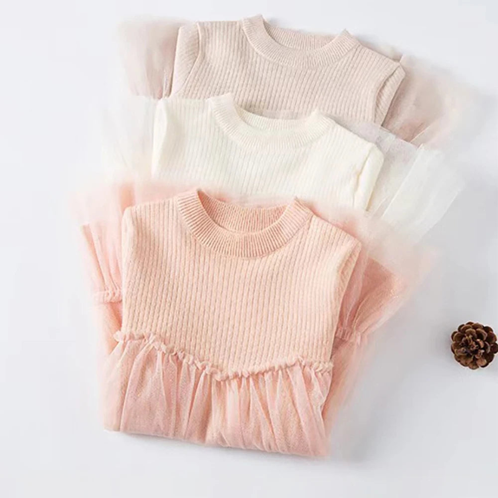 Girls' Dress  Autumn New Girls' Round Neck Knitted Long Sleeve Mesh Splice Dress Children's Fashion Clothing