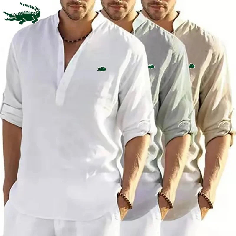 High Quality Men's Spring/Autumn New Long Sleeved Cotton Linen Shirt Business Casual Loose Fitting T-shirt Shirt Top S-5XL