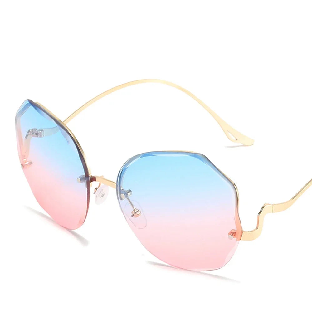 Irregular Round Sunglasses Women Brand Designer Gradient Fashion Sun Glasses Female Rimless Metal Curved Temples Oculos De Sol
