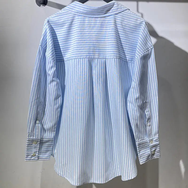 Women's Chic Pink Striped V-neck Single Breasted Shirt Basic Casual Versatile Loose Blouse Female Blusas Tops