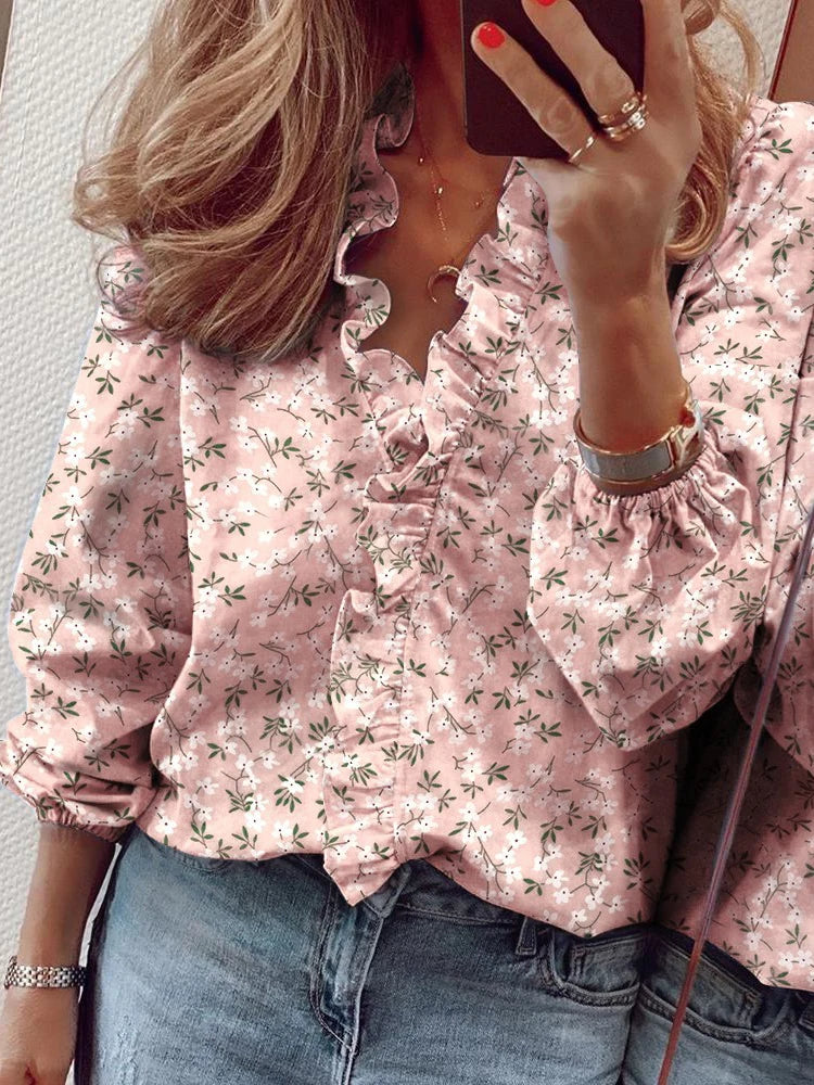 Casual Short Sleeve V Neck Ruffles Blouses Elegant Shirts Summer Vintage  Loose Tops Female Boho Tunic