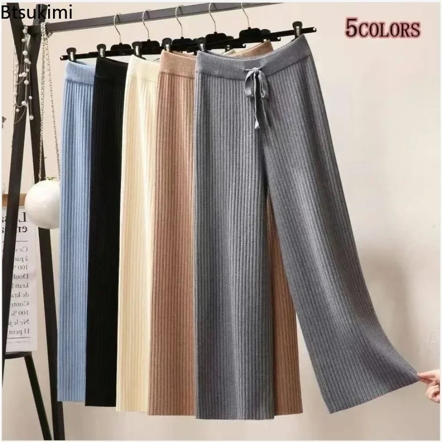 Drape High Waist Wide Leg Pants for Women Autumn Winter Casual Loose Knit Straight Leg Pants Lace-up Women Solid Trousers