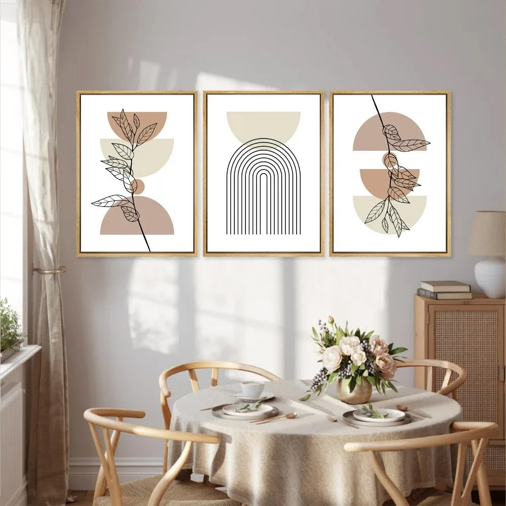 Modern Abstract 3pcs Boho Poster Geometric Plant Leaf Sun Line Canvas Painting Wall Art Print Picture Living Room Interior Decor