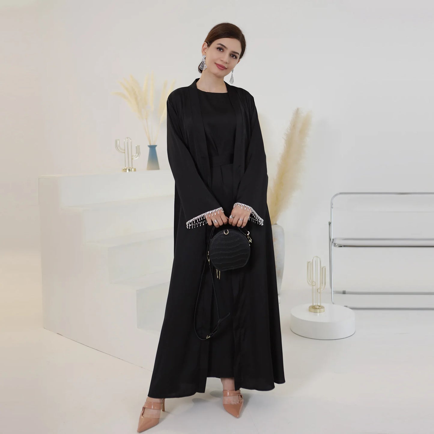Satin Open Abaya Beads Kimono Muslim Dress Plain Abayas for Women Dubai Luxury Turkey Party Kaftan Robe Ramadan Islamic Clothes