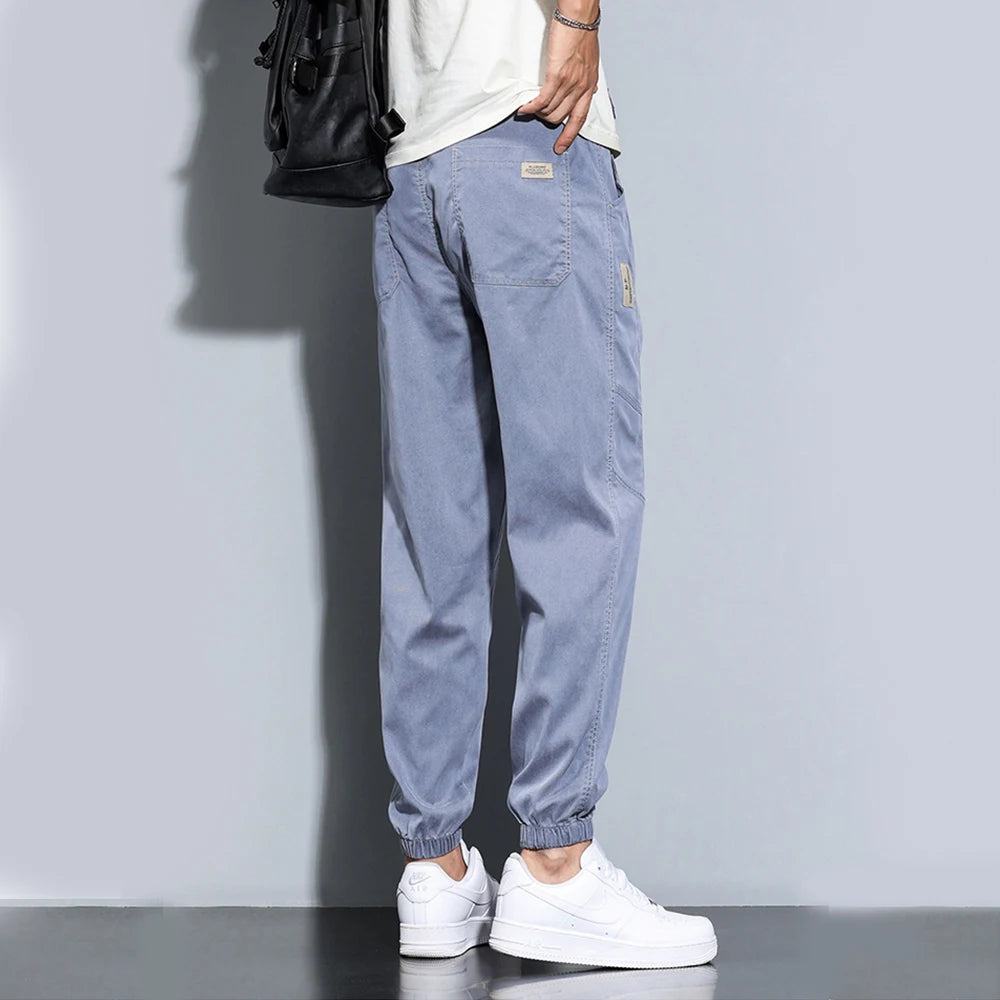 Jeans Men Soft Thin Straight Denim Drawstring Elastic Waist Casual Jogger Pants Plus Size