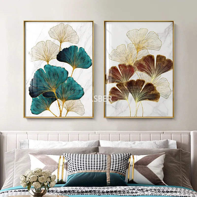 Green Ginkgo Biloba and Abstract Gold Wall Art Canvas Painting Leaf Posters and Living Room Prints Decoration Home Decor Picture