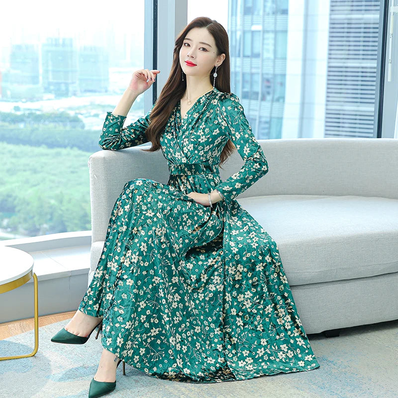 Summer Green Floral Chiffon  Loose Dress for Women Elegant Bodycon Party Dresses  Long Sleeve V-neck Night Long Vestidos