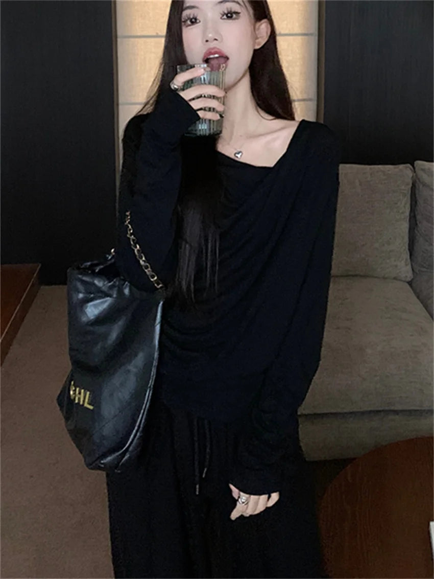 Off Shoulders Sweaters Women Chic Loose Wide Leg Pants Suits Elegant