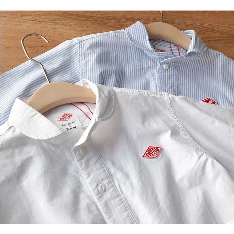 Japan Classic Simple Doll Collar Solid Stripe Pullover Short sleeve Shirt Top
