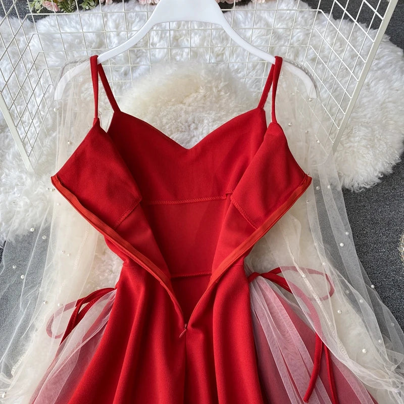 Spring Summer Dress Elegant Women Black Red Bandage Mini Dress Puff Sleeve V-neck Mesh Beading A-line Korean Party Vestidos
