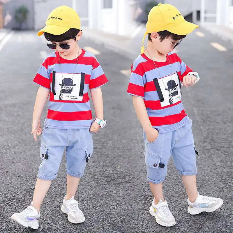 Summer Boys Clothing  Kids Clothes Stripe Cotton T-shirt+Jeans Pant Boy Sets Infant Newborn Clothing