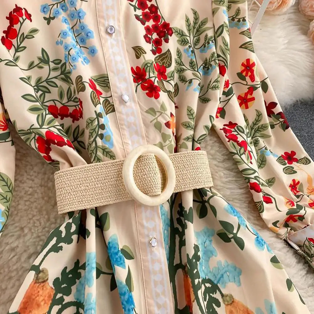 Autumn Runway Maxi Dress Women's Long Sleeve Stand Gorgeous Flower Print Long Dress Female Buttons up Sashes Holidays Dress