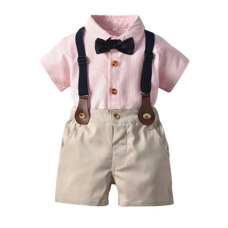 Summer Romper Clothes Set For Baby Boy With Bow Hat Gentleman Striped Suit Boys Children's Shirt Short Sleeve Shorts 2 Piece